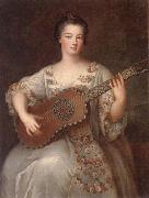 unknow artist Portrait of a young lady,three-quarter length,wearing a floral and ivory lace-trimmed dress,playing the guitar Sweden oil painting artist